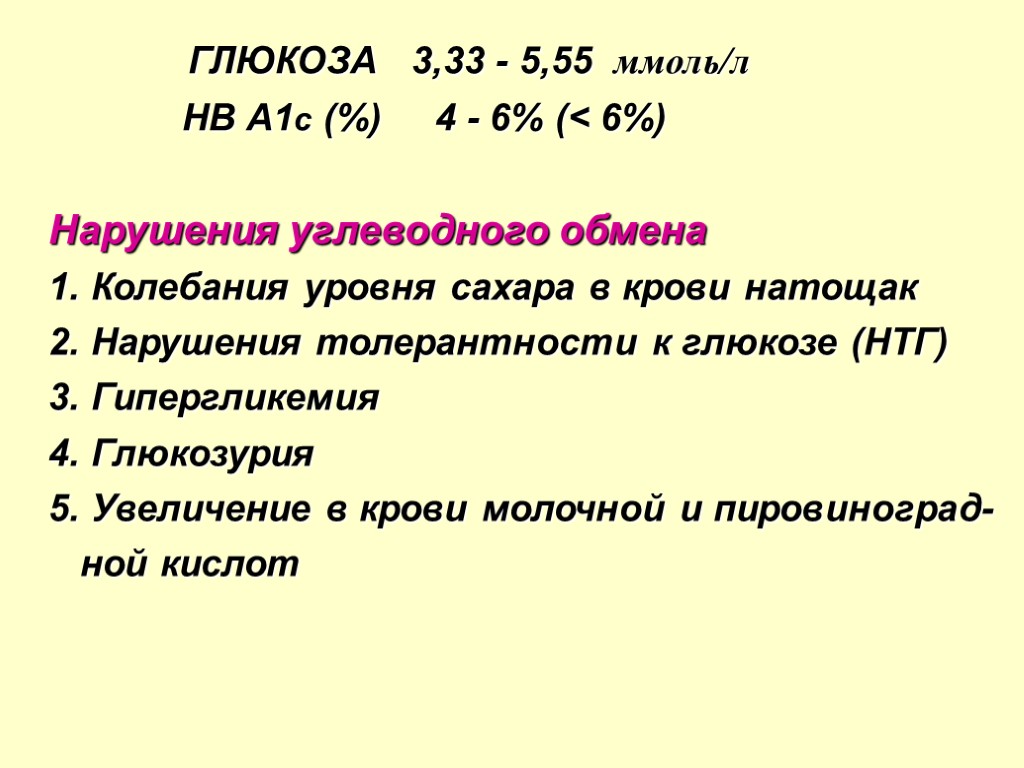 ГЛЮКОЗА 3,33 - 5,55 ммоль/л HB A1c (%) 4 - 6% (< 6%) Нарушения